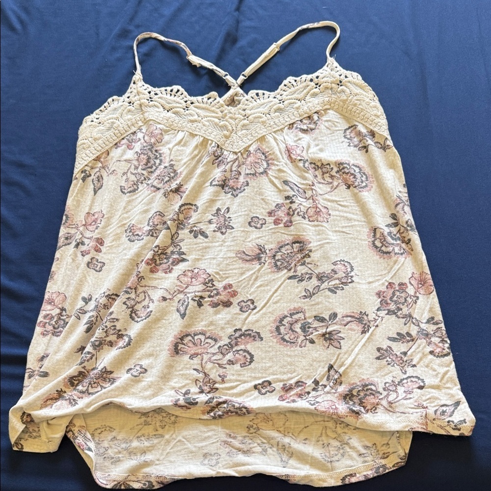 Maurices Cream Floral Lace Trim Tank Top